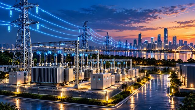 High-voltage electrical substation and power transmission lines glowing with energy at twilight against a modern city skyline and sunset sky, representing smart grid technology and urban power supply.