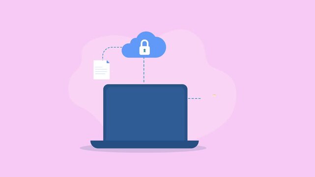 Flat vector animation showing secure cloud data storage with a laptop, protected documents, folder, lock, and shield icons in a clean digital security concept.