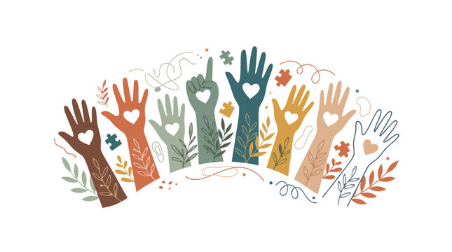 Diverse raised hands with heart symbols and floral elements illustration for social unity and equality concept