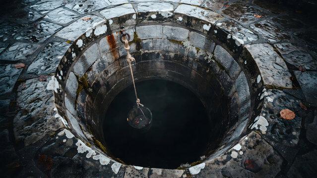 Angle view of an ancient stone well with a wooden bucket suspended by a rope, dark water, and wet circular stone paving on the ground