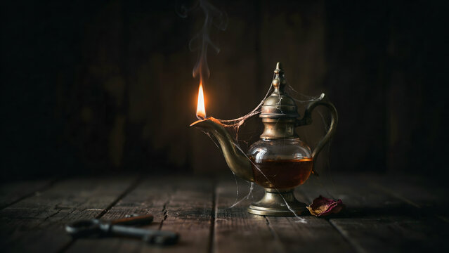 Antique brass oil lamp with a burning flame and spider webs on a rustic wooden table with an old metal key and a dried red rose petal