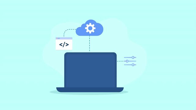 Flat vector animation showing cloud computing and software development with a laptop, code document, cloud icon, and digital interface elements.