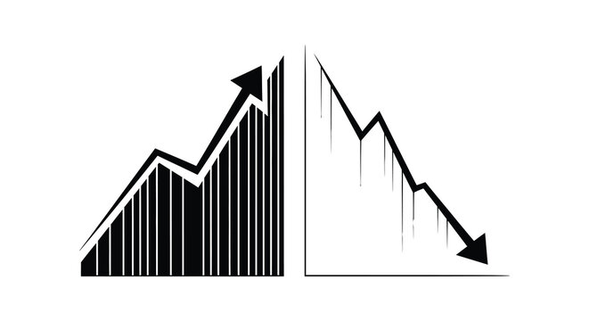 Rising and falling bar graphs depict market trends a black silhouette growth