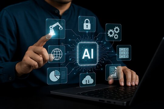 Person touching artificial intelligence technology hologram interface with various digital app icons