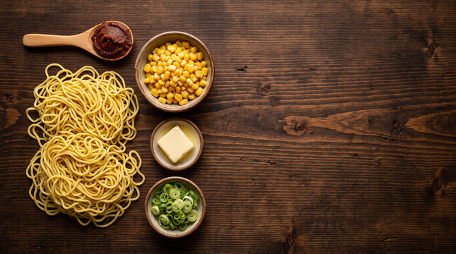 Top down view of Hokkaido Sapporo miso ramen noodles and butter corn on wood