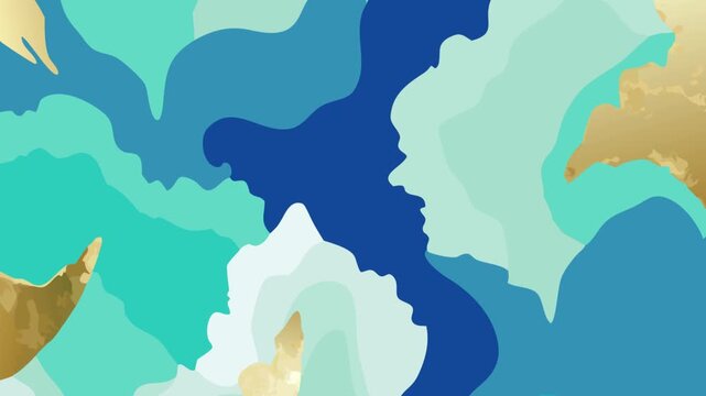 Abstract Background Featuring Flowing Liquid Shapes in Shades of Blue and Teal with Elegant Gold Foil Texture Accents