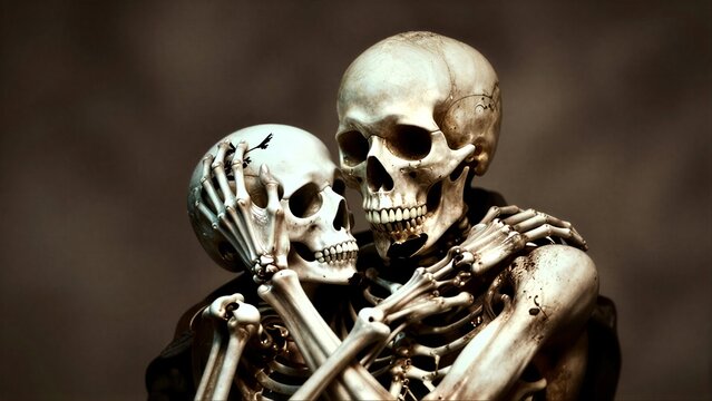 Two skeletons embrace intimately on an ornate chair, evoking romance and mortality.