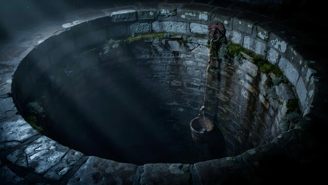Dark and moody view of an old stone well with a wooden bucket hanging inside, deep shadows, and light rays hitting the mossy circular walls
