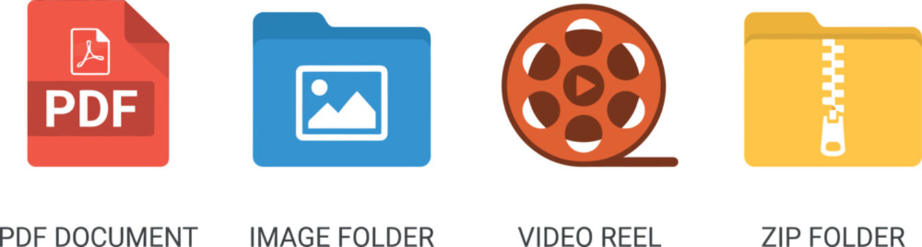 Digital File Format and Media Storage Icon Set Featuring PDF Document Image Folder Video Reel Film and Compressed Zip Archive Symbols
