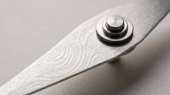 Close up of textured metal object with circular fastener detail, damascus steel pattern on blade surface, industrial design element. Metalwork, craftsmanship, manufacturing, engineering.