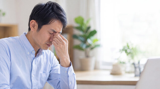 デスクで眉間を押さえ鼻炎の不快感に耐える男性、鼻詰まりと集中力の低下 / Man at his desk pressing the bridge of his nose, enduring rhinitis discomfort and loss of focus
