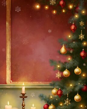 elegant Christmas greeting card background with a beautifully decorated evergreen tree, golden ornaments, warm glowing lights, delicate snowflakes and soft candlelight, traditional oil painting