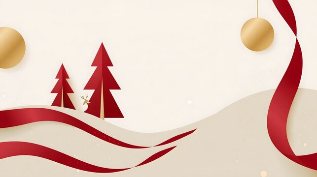 modern Christmas background with abstract geometric trees, metallic gold circles, flowing red ribbons and subtle sparkling particles, contemporary minimalist vector illustration, sophisticated