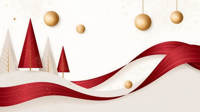 modern Christmas background with abstract geometric trees, metallic gold circles, flowing red ribbons and subtle sparkling particles, contemporary minimalist vector illustration, sophisticated