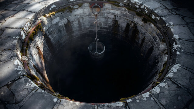 Down view of a deep stone well with a wooden bucket hanging on a rope, dark water, and mossy circular masonry walls in a rural setting
