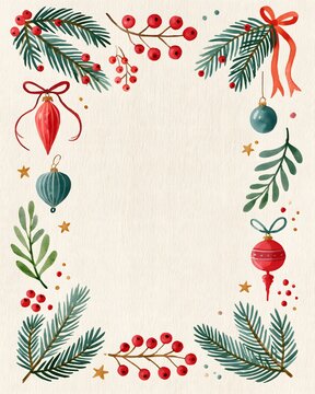 charming gouache Christmas illustration with hand-painted pine branches, red berries, ornaments, ribbons and small stars arranged around the border, textured cream paper, cozy handmade greeting card