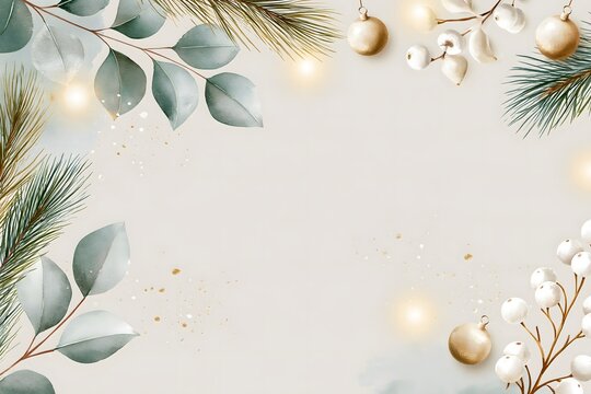 elegant Christmas botanical background featuring eucalyptus leaves, pine branches, white berries, golden ornaments and soft warm lights, delicate watercolor and ink style, neutral beige palette,