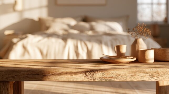 Clear wooden console table, out of focus cozy bedroom background, warm morning light, home decor mockup