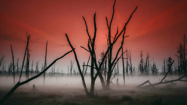 Eerie landscape of dead, leafless trees in a swampy area covered in thick fog under a dramatic, intense red sky during a sunset or sunrise