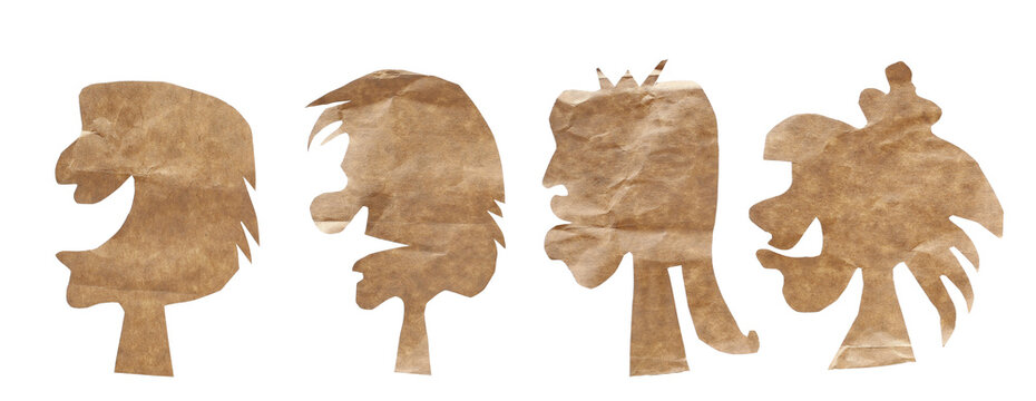 Cutout brown cardboard human creature silhouettes with funny expressions isolated on white background