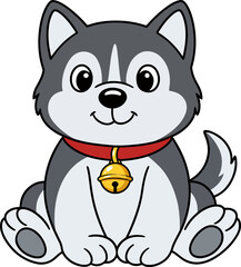 Fototapeta premium Cute Cartoon Siberian Husky Puppy Sitting and Wearing Red Collar with Golden Bell Vector Illustration