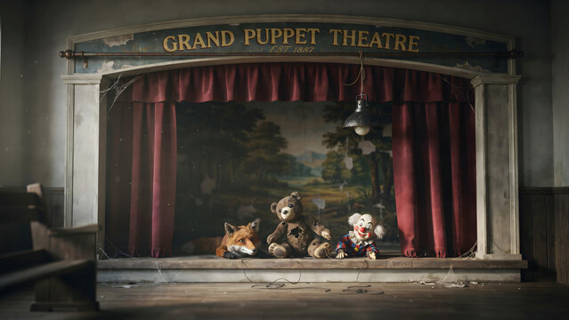 Grand puppet theater stage with red curtains, a painted landscape backdrop, and a fox mask, teddy bear, and clown mask sitting on the floorboards