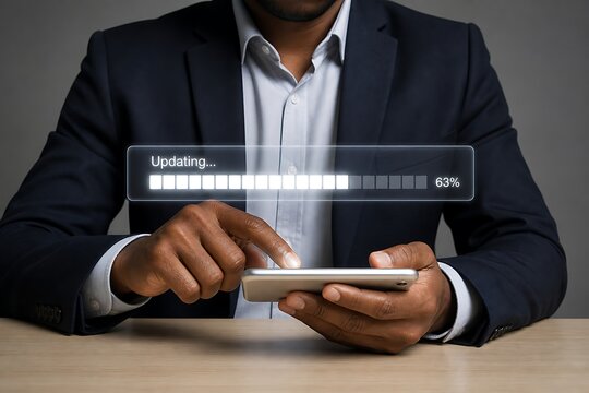 Businessman in a suit updating software on his mobile phone with a progress bar display on screen