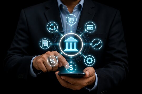 Businessman using a smartphone to navigate a glowing digital banking and financial ecosystem map