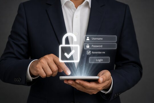 Businessman unlocks his mobile phone with a secure login prompt and padlock graphic interface