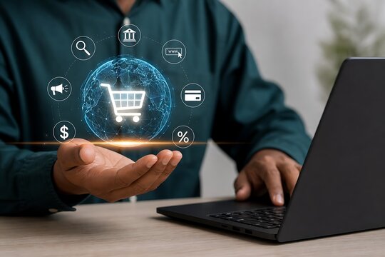 Person using laptop computer while holding glowing digital shopping globe with ecommerce icons