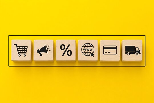 Wooden blocks arranged in a row with icons showing shopping cart megaphone percent and delivery
