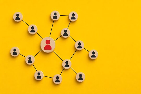 Wooden blocks forming a human network organization chart on vibrant yellow background surface
