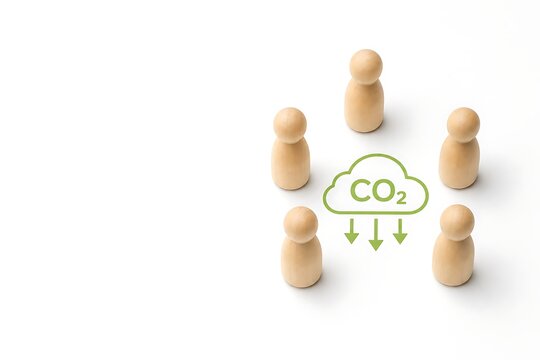 Wooden peg dolls arranged in circle around green co2 reduction emission icon