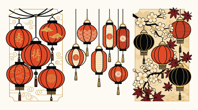 Chinese lantern vector set with traditional oriental patterns floral ornaments and festive hanging decorative paper lights