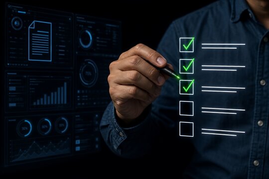 Business person checking items off a digital to-do list using a futuristic glowing stylus pen