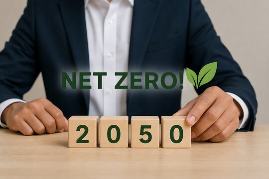 Businessman arranging wooden blocks with 2050 and net zero text with leaf icon