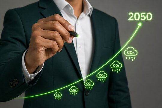 Businessman drawing a green graph with co2 emission icons pointing toward 2050