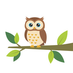 Fototapeta premium A cute cartoon owl with big blue eyes sits peacefully on a green leafy branch against a plain white background.