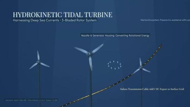 Hydrokinetic tidal turbine animation demonstrating deep sea current harnessing with a 3-bladed rotor system, generator housing, and subsea transmission cable for renewable energy export to the grid