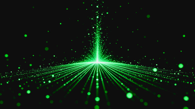 A glowing green light beam and scattered particles emerge in a dark digital space, forming a futuristic abstract visual effect.