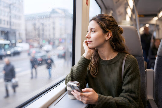 Thoughtful young woman commuting by public transport looking out window with rainy city view, modern train interior, natural window light, smartphone in hand, premium editorial stock photo