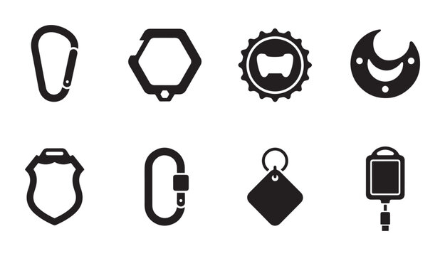 Multitool Icons, Carabiner Clips, Keychain Fobs, Bottle Opener, Vector Set for Outdoor Gear and Accessories