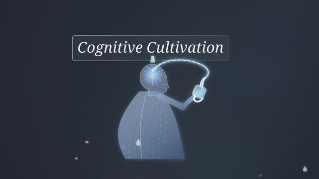 Concept animation of cognitive cultivation and upskilling showing a human head growing a digital knowledge tree with algorithmic fluency and data interpretability branches representing learning