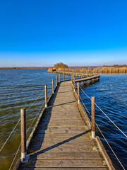 Fototapeta premium Curving wooden boardwalk pier spanning across open water under a clear blue sky at the Étang de Scamandre in Camargue, France.