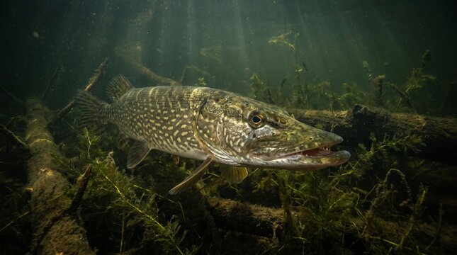 Northern pike in river weeds