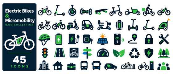 Obraz premium Electric bikes and micromobility icon collection, 45 flat color icons: e-bike, scooter, hoverboard, e-skateboard, folding bike, cargo bike, rider, e-scooter, moped, microcar, mobility scooter