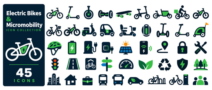 Electric bikes and micromobility icon collection, 45 flat color icons: e-bike, scooter, hoverboard, e-skateboard, folding bike, cargo bike, rider, e-scooter, moped, microcar, mobility scooter