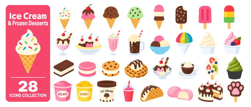 Ice cream and frozen desserts icon collection, 28 flat color icons: ice cream cone, cupcake, sundae, popsicle, milkshake, float, banana split, shaved ice, soft serve, frozen yogurt, sandwich