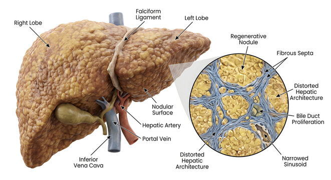detailed 3d medical illustration of human liver cirrhosis showing a nodular surface and magnified view with fibrous septa regenerative nodules distorted architecture for educational health science