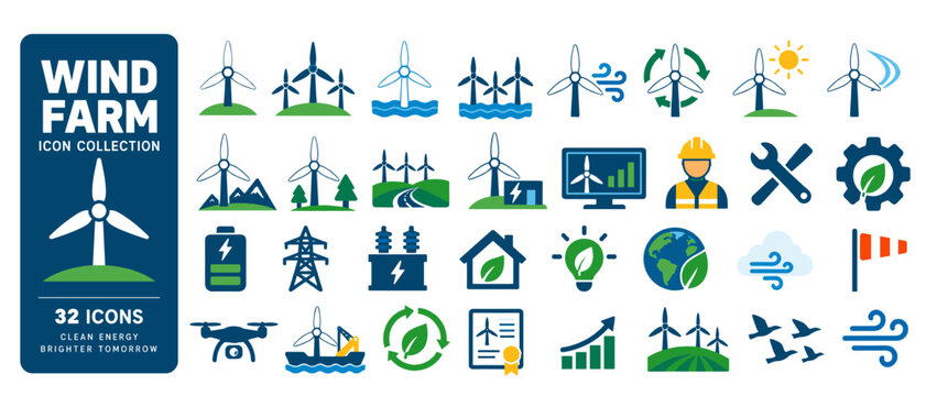 Wind farm icon collection, 32 flat color icons: wind turbine, turbines, offshore turbine, wind, sun turbine, mountain turbines, road turbines, monitoring, engineer, tools, gear, battery, power